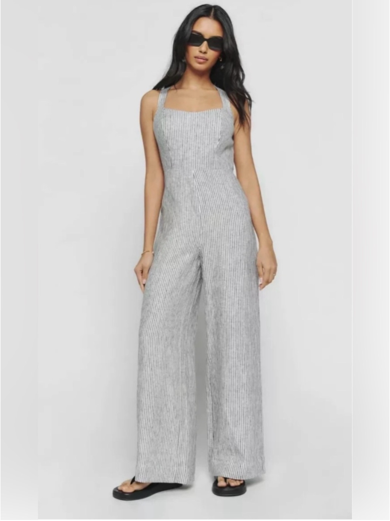 Reformation Autumn Linen Jumpsuit Vineyard Stripe Open Back Wide Leg Size 12 Nwt